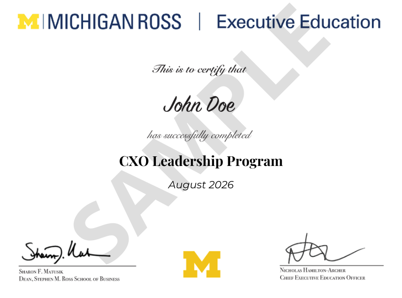Certificate of completion from Michigan Ross Executive Education
